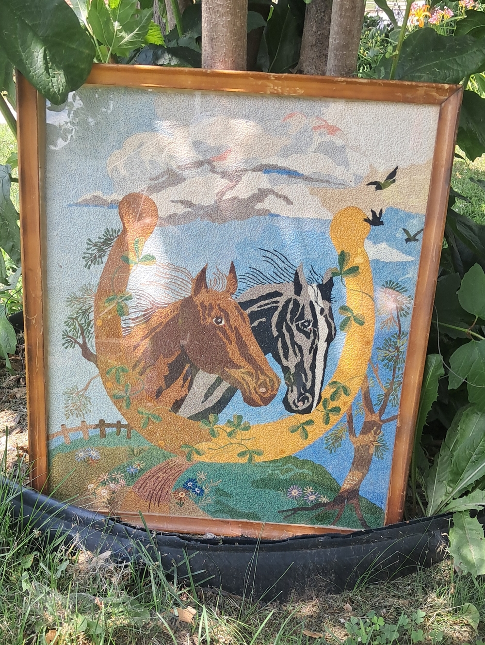 Vintage Signed CREWELL Framed Horses Horseshoe Wall Art  Blue, Gold, Brown 16x20 - Picture 3 of 9